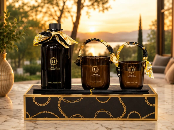 Haute Collection Sandalwood Rose Lüks Oda Kokusu ve 2’li Mum Seti  Dekoratif Kokulu Mum & Çubuklu Oda Parfümü Hediyelik Set ürün görseli 1