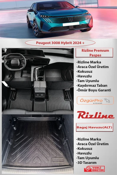 Rizline Premıum Peugeot 3008 Hybrid 2024 ve Sonrası 3D Havuzlu Paspas ve ALT Bagaj Havuzu Set ürün görseli 1