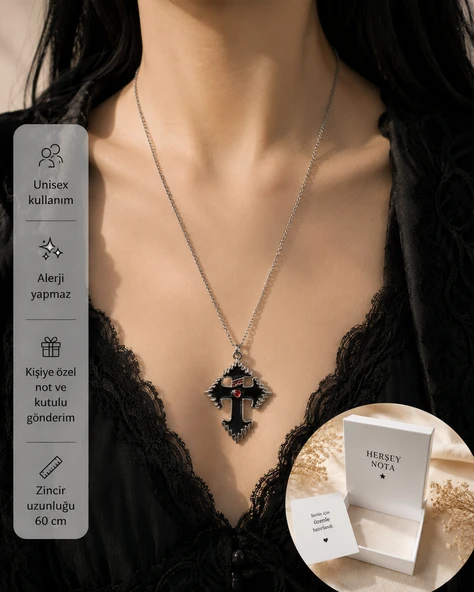 Gotik Siyah Haç Kolye – Kırmızı Taş Detaylı Unisex Alternatif Tarz Kolye ürün görseli 1