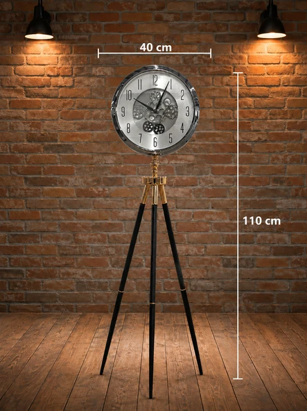 Krom Metal Ayaklı Dekoratif Salon Saati 110 cm  40 cm Çaplı Tripod Tasarımlı Retro Lüks Yer Saati ürün görseli 1