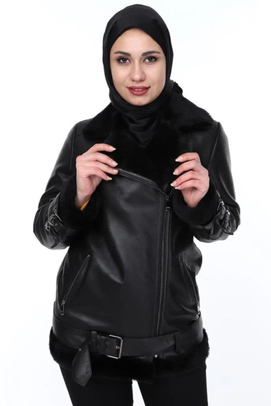 Hakiki Deri Siyah Kürklü Kemerli Kadın Deri Ceket ürün görseli 1
