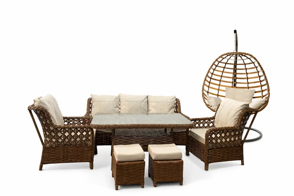 7 Kişilik Rattan Bahçe Balkon Teras Oturma Grubu Krem Minderli (3+1+1) 80x140 Cm Masa, 2 Adet Puf Ve Tek Kişilik Rattan Salıncak Seti - Kahverengi ürün görseli 1