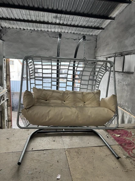 Makrome Çift Kişilik Balkon Bahçe Salıncağı Siyah Metal Ayaklı Gri Renk Salıncak ürün görseli 1