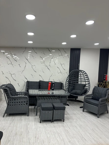 7 Kişilik Rattan Bahçe Balkon Teras Oturma Grubu Antrasit Minderli (3+1+1) 80x140 Cm Masa, 2 Adet Puf Ve Tek Kişilik Rattan Salıncak Seti - Antrasit Gri ürün görseli 1