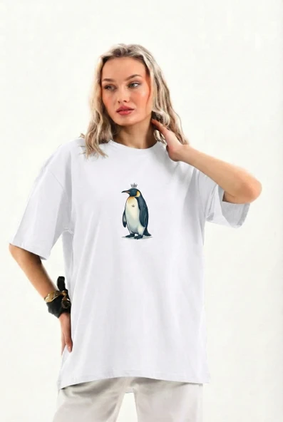 Kadın T-shirt Penguen Baskılı Bisiklet Yaka Kısa Kol Yazlık Tişört - Beyaz ürün görseli 1
