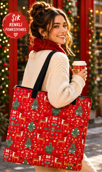 Bybag Yılbaşı Temalı Geyik Desenli Omuz Çantası | Çift Taraf Baskılı Fermuarlı Oxford Kumaş Tote Bag 40x35 cm ürün görseli 1