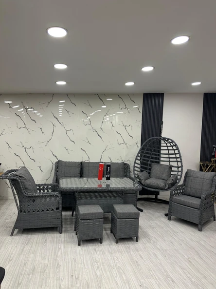 7 Kişilik Rattan Bahçe Balkon Teras Oturma Grubu Gri Minderli (3+1+1) 80x140 Cm Masa, 2 Adet Puf Ve Tek Kişilik Rattan Salıncak Seti - Antrasit Gri ürün görseli 1