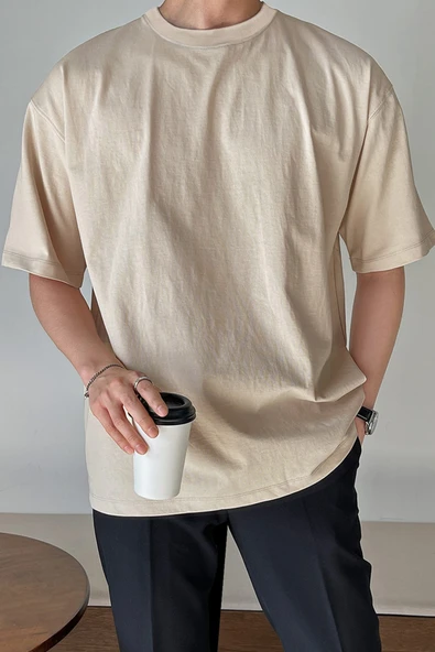 Erkek Oversize Tişört Pamuk Kumaş Bisiklet Yaka Rahat Kalıp T-shirt ürün görseli 1