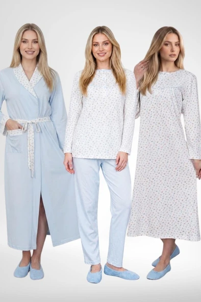 Mecit 6384 Mavi Büyük Beden Kadın Sabahlık Pijama Gecelik Seti ürün görseli 1