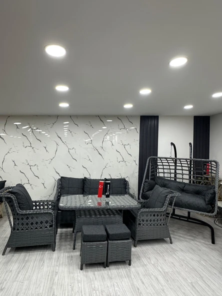 7 Kişilik Rattan Bahçe Balkon Teras Oturma Grubu Antrasit Minderli (3+1+1) 80x140 Cm Masa, 2 Adet Puf Ve 2 Kişilik Rattan Salıncak Seti - Antrasit Gri ürün görseli 1
