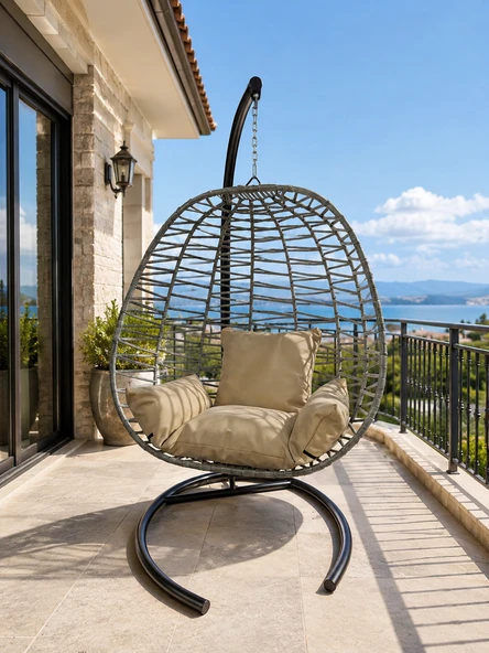 Makrome Tek Kişilik Balkon Bahçe Salıncağı Siyah Metal Ayaklı Gri Renk Salıncak ürün görseli 1