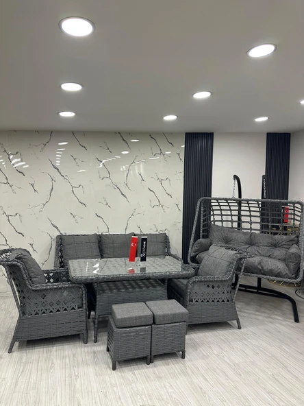 7 Kişilik Rattan Bahçe Balkon Teras Oturma Grubu Gri Minderli (3+1+1) 80x140 Cm Masa, 2 Adet Puf Ve 2 Kişilik Rattan Salıncak Seti - Antrasit Gri ürün görseli 1