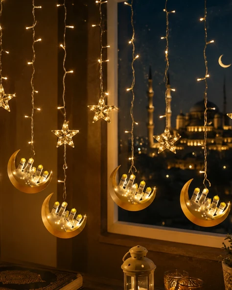Hilal Yıldız LED Ramazan Işığı 3 Metre Dekoratif Perde Aydınlatması ürün görseli 1