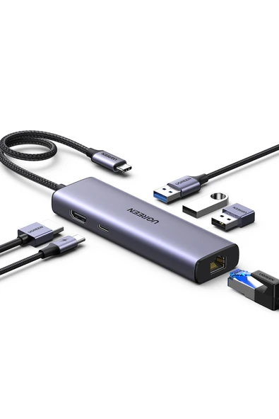 Ugreen Revedok 6-in-1 3*USB 3.0, 4K/30Hz HDMI, 100W PD Type-C, RJ45 Port Çoklayıcı Hub, 15598 ürün görseli 1