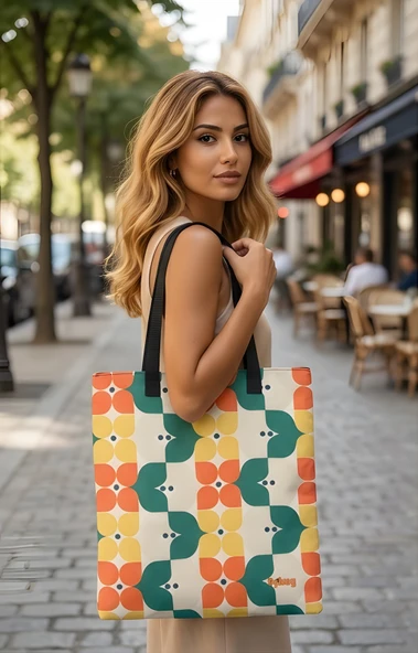 Bybag Geometrik Doku Desenli Canlı Dijital Baskılı El Yapımı Kadın Kumaş Omuz Çantası ürün görseli 1