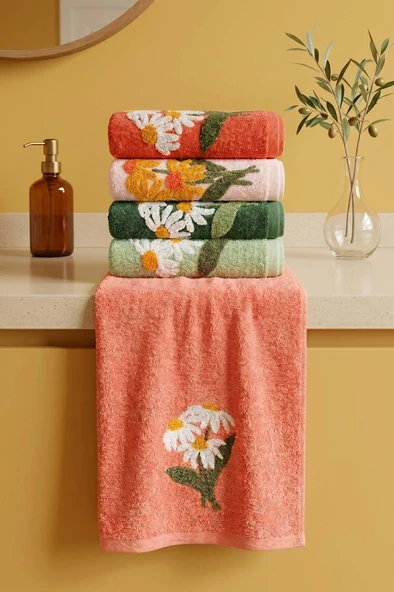 Büyük Papatya Nakışlı %100 Pamuklu 5'li Havlu Seti 50x90 cm ürün görseli 1
