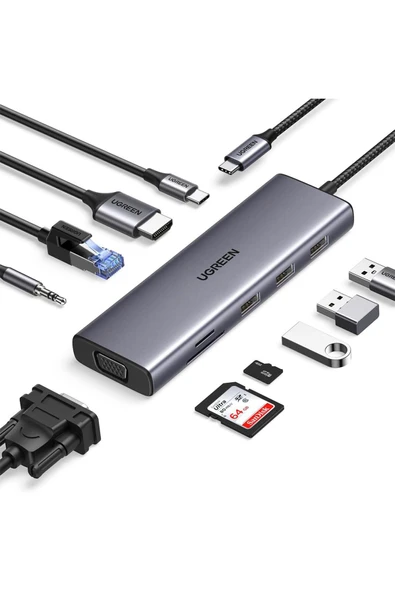 Ugreen Type-c To 3*usb 3.0 4k/30hz Hdmı Vga Gigabit Ethernet Aux Sd Tf Kart Okuyucu Çoklayıcı Hub - 15601 ürün görseli 1