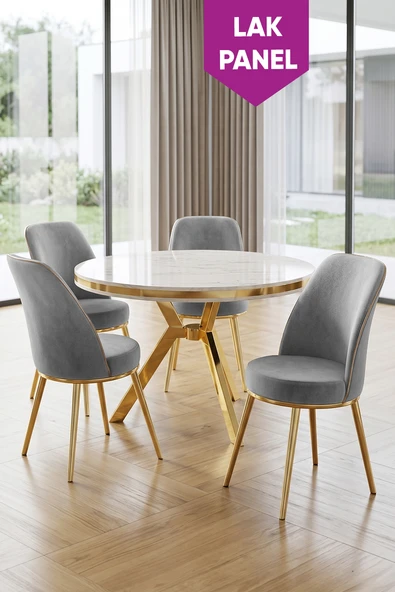 Natre Serisi 90x90 Lak Panel Beyaz Mermer Desen Gold Ayaklı Mutfak Masası Takımı Ve 4 Gri Sandalye ürün görseli 1