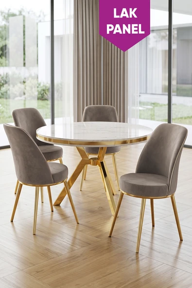 Natre Serisi 90x90 Lak Panel Beyaz Mermer Desen Gold Ayaklı Mutfak Masası Takımı Ve 4 Sandalye ürün görseli 1