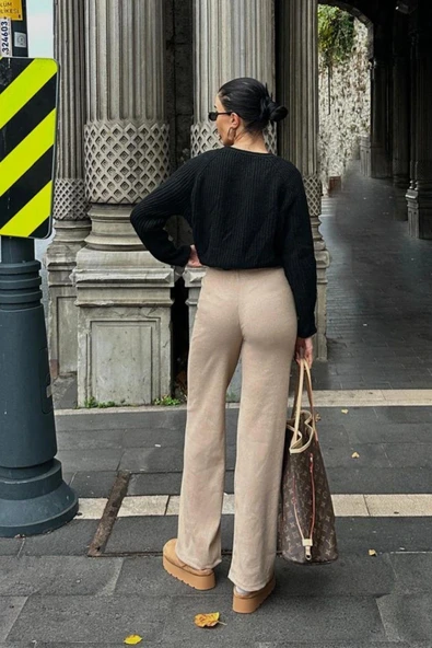 İspanyol Paça Fitilli Bağcıklı Pantolon Bej - Resim 3