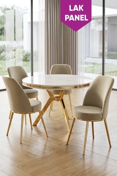 Natre Serisi 90x90 Lak Panel Beyaz Mermer Desen Gold Ayaklı Mutfak Masası Takımı Ve 4 Sandalye ürün görseli 1