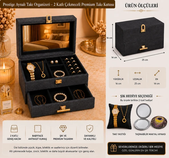 Prestige Aynalı Takı Organizeri – 2 Katlı Çekmeceli Premium Takı Kutusu ürün görseli 1