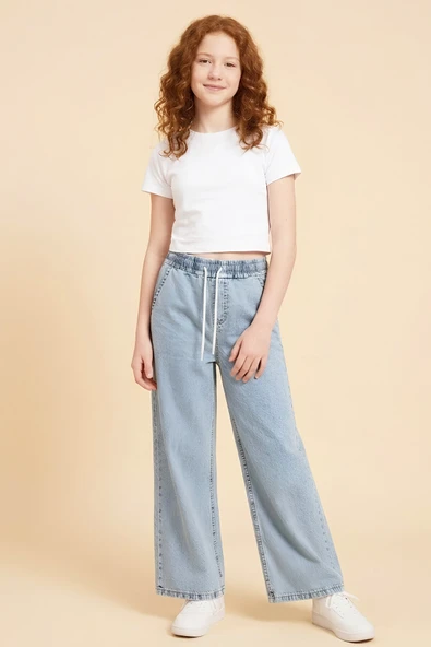 Kız Çocuk Beli Lastikli ve Kordonlu Geniş Kesim Jean Pantolon 7-15 Yaş 12679SK ürün görseli 1