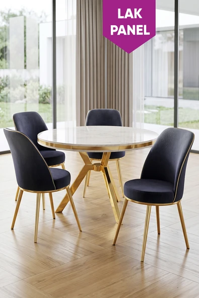 Natre Serisi 90x90 Lak Panel Beyaz Mermer Desen Gold Ayaklı Mutfak Masası Takımı Ve 4 Sandalye ürün görseli 1