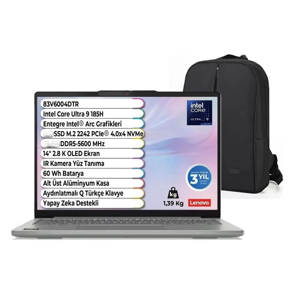 Ideapad Slim 5 14IMH10 Intel Core Ultra 9 185H 2.8 K OLED 16 GB 1 Tb SSD Windows 11 Pro 14'' 83V6004DTR Snertech Çanta ürün görseli 1