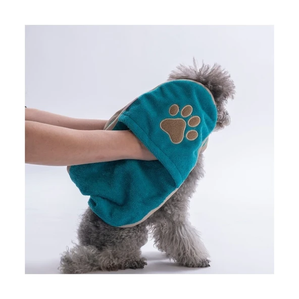 Pawstar Kedi  Köpek Banyo Kurulama Elcikli Havlu Turkuaz 23x78cm %100 Pamuk ürün görseli 1