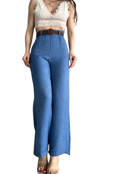 Kemerli Keten Pantolon -MAVİ ürün görseli 1