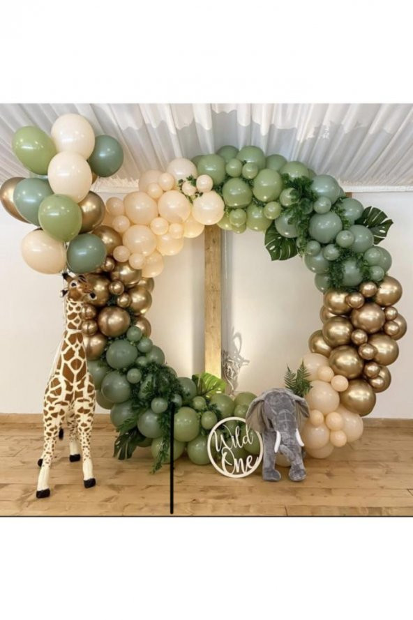 Beysüs Krom Gold Pastel Kış Yeşili Okaliptus Ve Ten Rengi Balon Zinciri 100 Adet ürün görseli 1