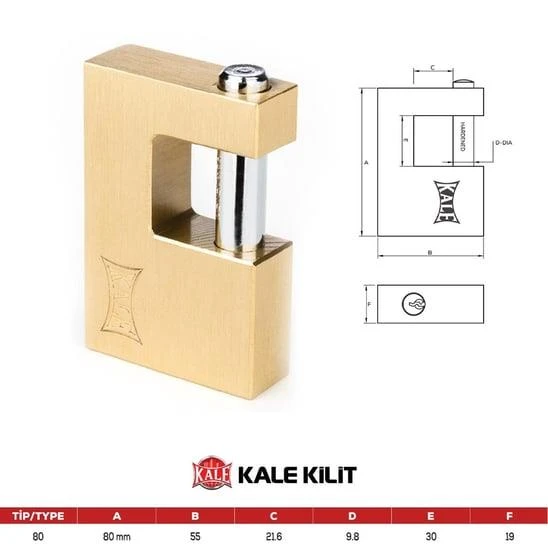 Kale 80 mm prinç kayar milli pimli sarı asma kilit ürün görseli 1