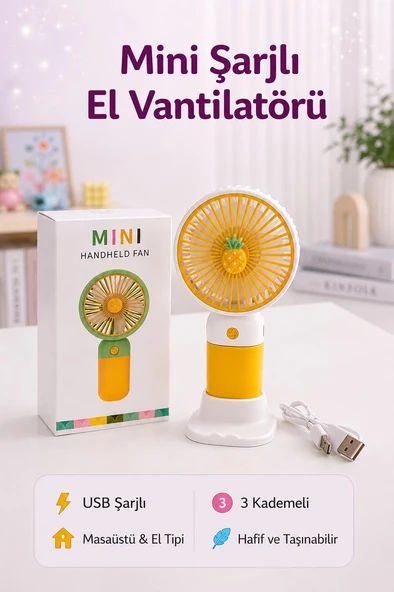 Mini USB Şarjlı El Vantilatörü - Taşınabilir 3 Kademeli El Fanı ( 15 cm ) ürün görseli 1