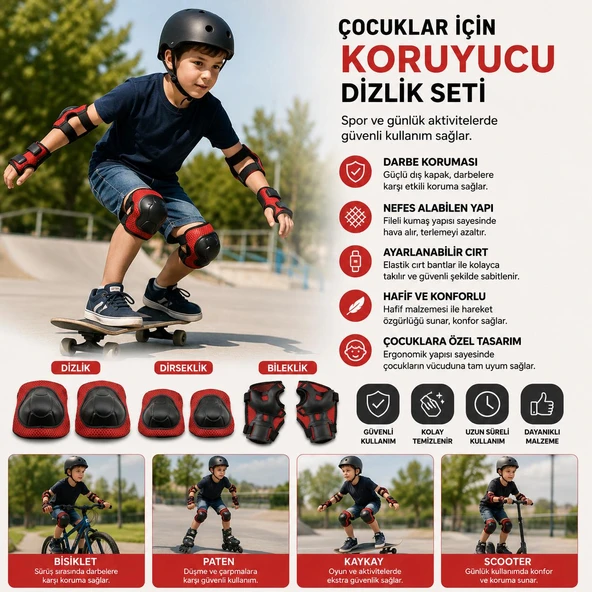 Çocuklar İçin Koruyucu Dizlik, Dirseklik ve Bileklik Seti - 3'lü Koruyucu Kırmızı ürün görseli 1