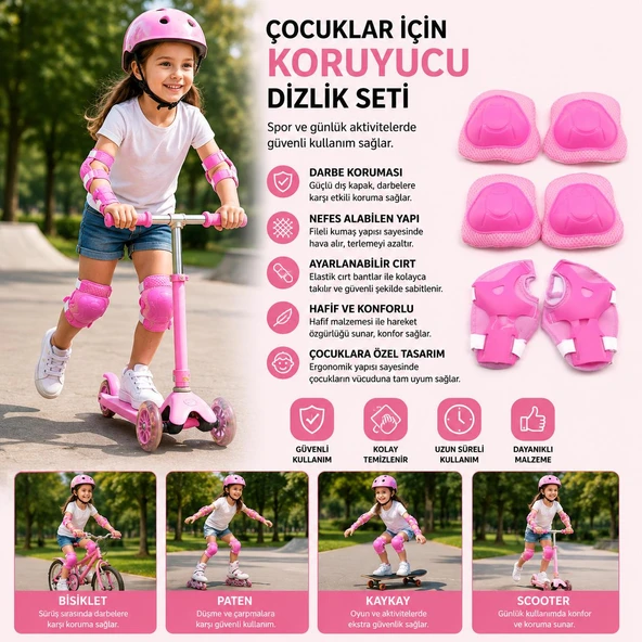 Çocuklar İçin Koruyucu Dizlik, Dirseklik ve Bileklik Seti - 3'lü Koruyucu Pembe ürün görseli 1