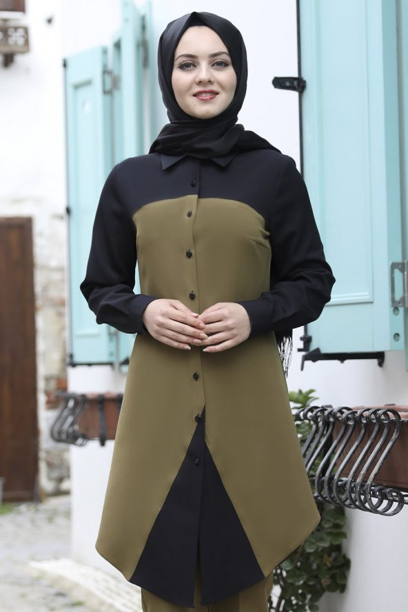 Pantolonlu Tesettür Takım - Yağ Yeşili - Resim 2