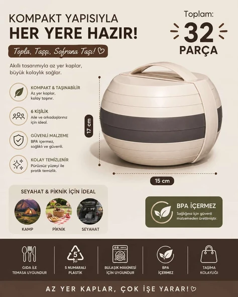 32 Parça 6 Kişilik Taşınabilir Küre Piknik Seti ürün görseli 1