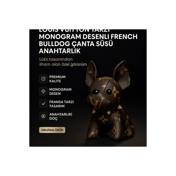 Louis Vuitton Tarzı Monogram Desenli French Bulldog Çanta Süsü Anahtarlık ürün görseli 1