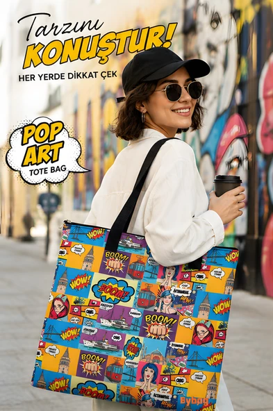 İstanbul Pop Art Desenli Fermuarlı Kadın Omuz Çantası – Çift Taraflı Baskılı Oxford Kumaş Tote Bag ürün görseli 1