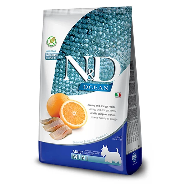 N&D Ocean Tahılsız Ringa Balıklı&Portakallı Mini Irk Yetişkin Köpek Maması 2.5 KG ürün görseli 1