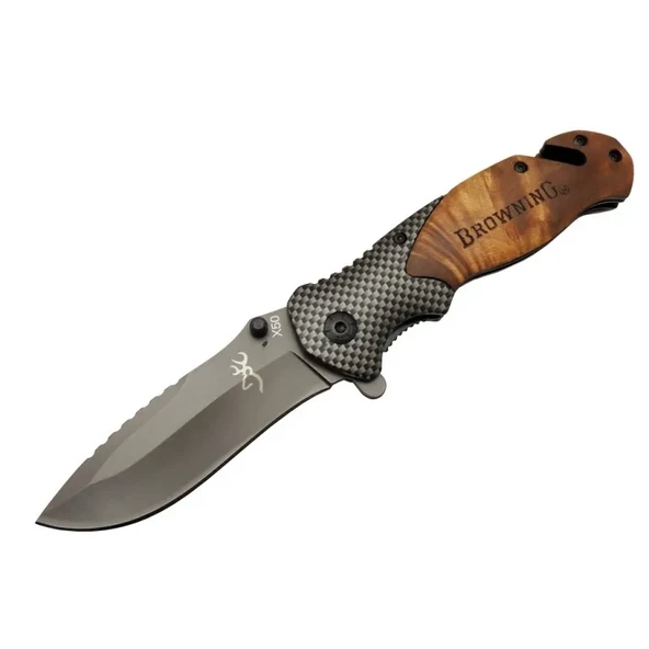 X50 Kahverengi Kurtarma / Kamp Çakısı 20,5cm- Yarı Otomatik, Kemerlikli, Ahşap Sap, Cam Kırma Ve İp Kesme Aparatlı ürün görseli 1