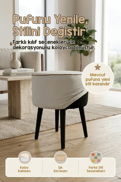 Yıkanabilir Puf Tabure Kılıfı Tak-Çıkar-Değiştir-Yenile Orta Sehpa Kılıfı 40x22 Meek Gri ürün görseli 1