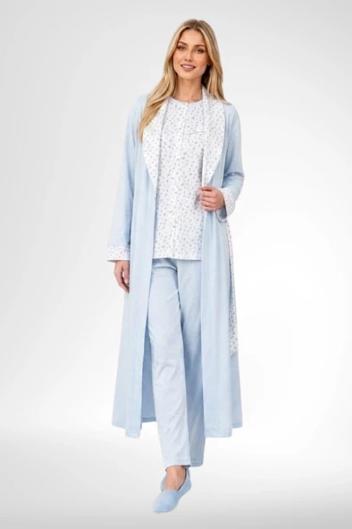 Mecit 6398 Mavi Kadın Uzun Sabahlık Boydan Düğmeli Pijama Takımı ürün görseli 1