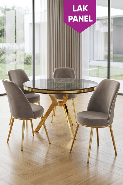 Natre Serisi 90x90 Lak Panel Antrasit İroni Gold Ayaklı Mutfak Masası Takımı Ve 4 Sandalye ürün görseli 1