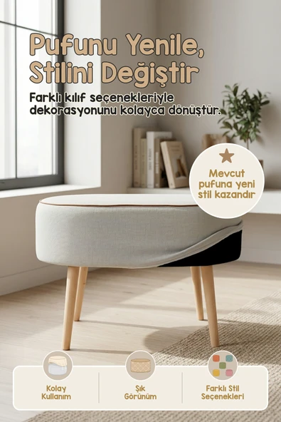 Yıkanabilir Puf Tabure Kılıfı Tak-Çıkar-Değiştir-Yenile Orta Sehpa Kılıfı 59x37x17 Meek Gri ürün görseli 1