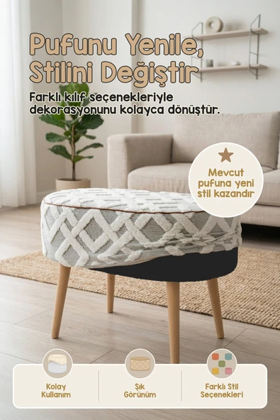 Yıkanabilir Puf Tabure Kılıfı Tak-Çıkar-Değiştir-Yenile Orta Sehpa Kılıfı 59x37x17 Mila Gri ürün görseli 1