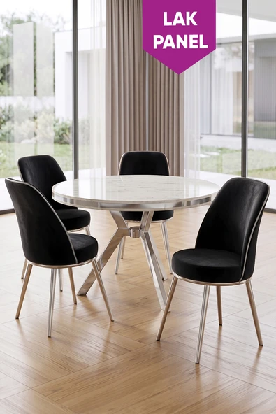 Natre Serisi 90x90 Lak Panel Beyaz Mermer Desen Krom Ayaklı Mutfak Masası Takımı Ve 4 Sandalye ürün görseli 1