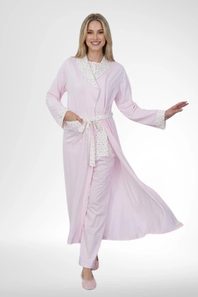 Mecit 6398 Pembe Kadın Uzun Sabahlık Boydan Düğmeli Pijama Takımı ürün görseli 1