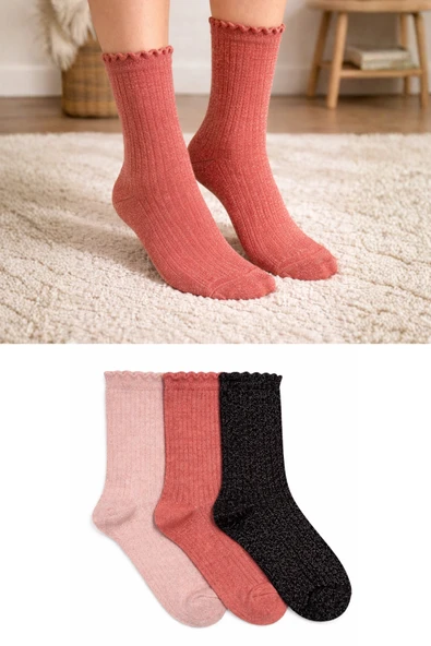 Orbis 3'lü Kadın Simli Fashion Ribli 36 - 40 Soket Çorap - Pembe/Siyah ürün görseli 1